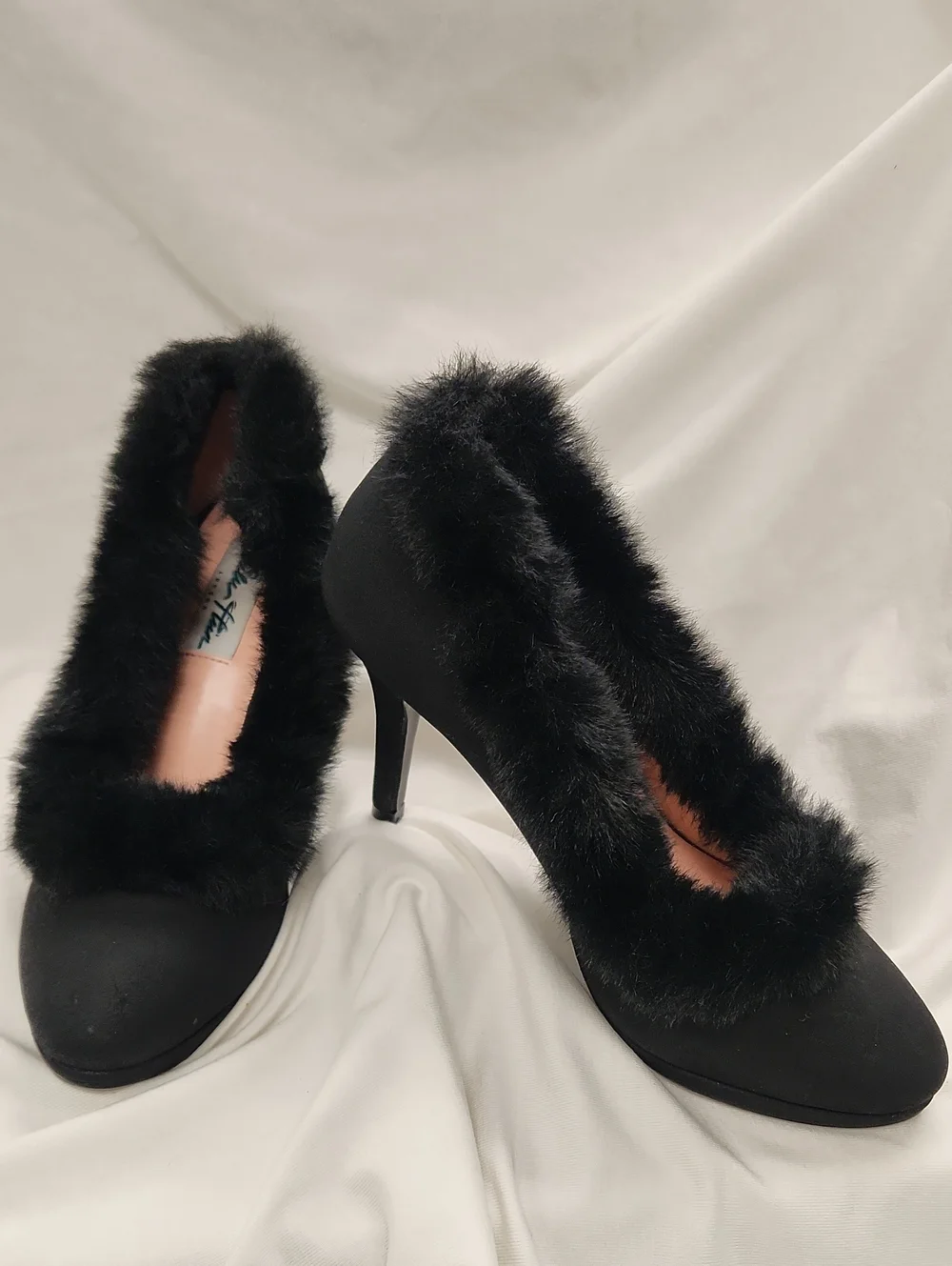 🕸lulu Hun Black Faux Fur Trim High Heel Pumps Sz 7